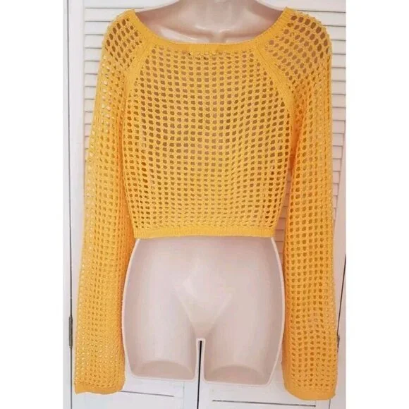 NEW LOVE TREE PASTEL ORANGE OPEN KNIT LONG SLEEVE CROP TOP SZ MEDIUM - Picture 3 of 5